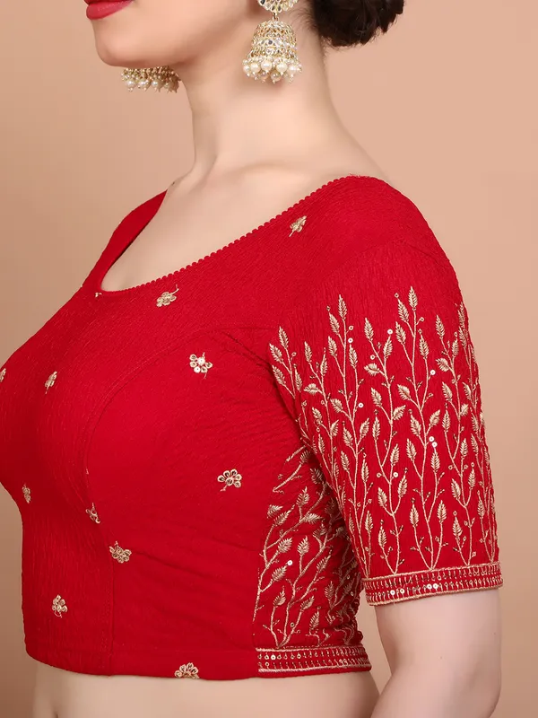 Red lycra strechable ready made blouse with embroidered