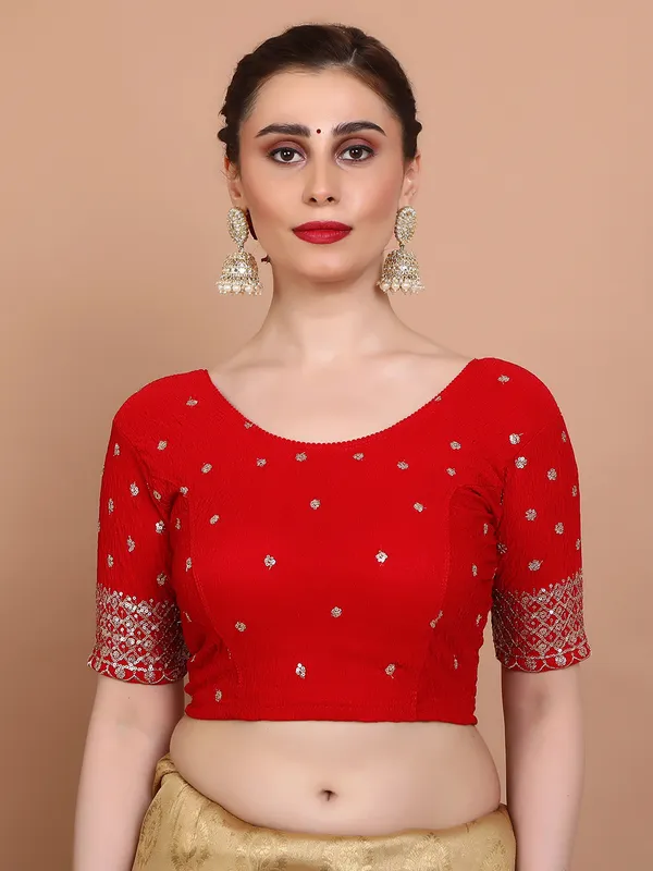 Red lycra strechable ready made blouse with sequins