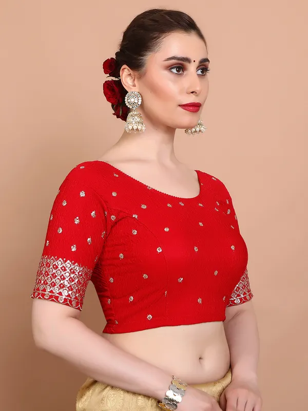 Red lycra strechable ready made blouse with sequins