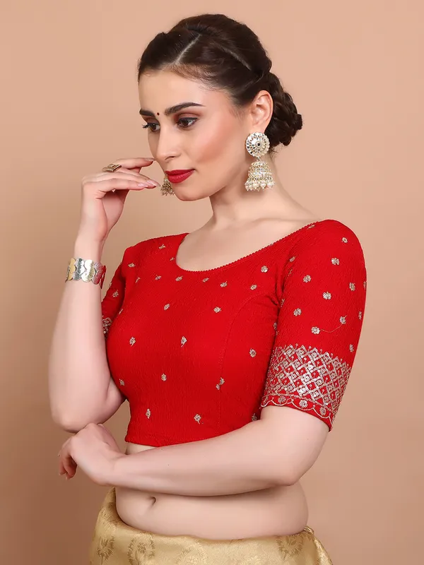 Red lycra strechable ready made blouse with sequins