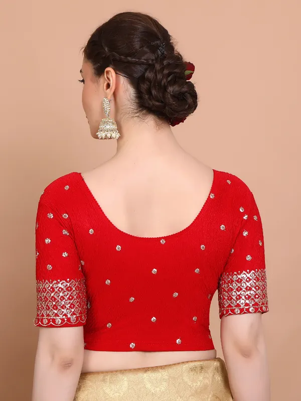 Red lycra strechable ready made blouse with sequins