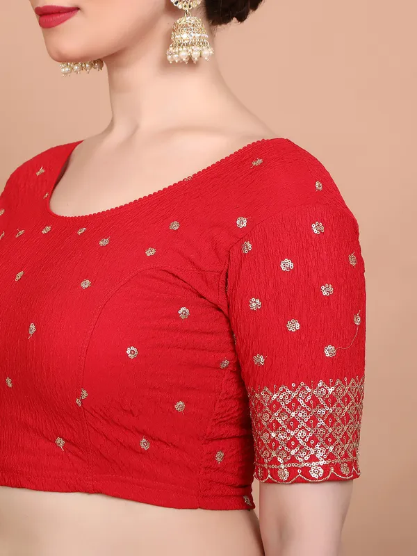 Red lycra strechable ready made blouse with sequins
