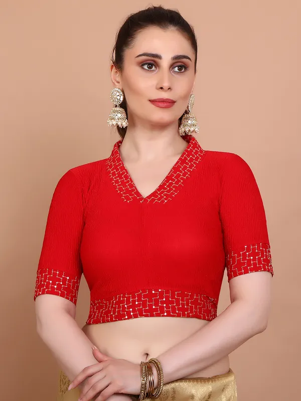 Red lycra strechable V neck ready made blouse