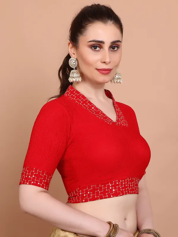 Red lycra strechable V neck ready made blouse