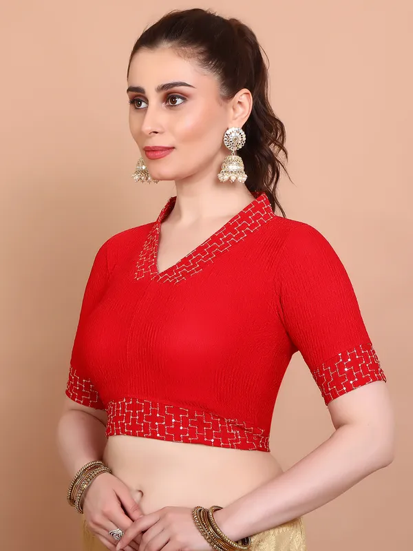 Red lycra strechable V neck ready made blouse