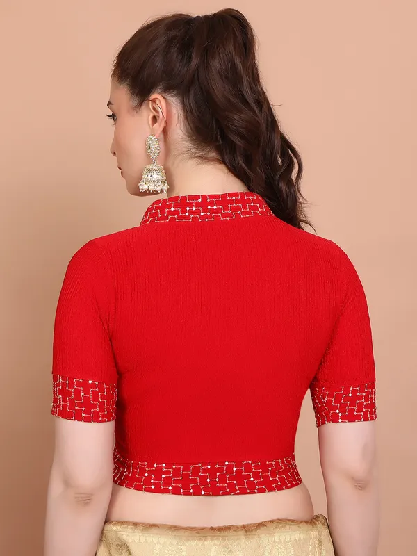 Red lycra strechable V neck ready made blouse