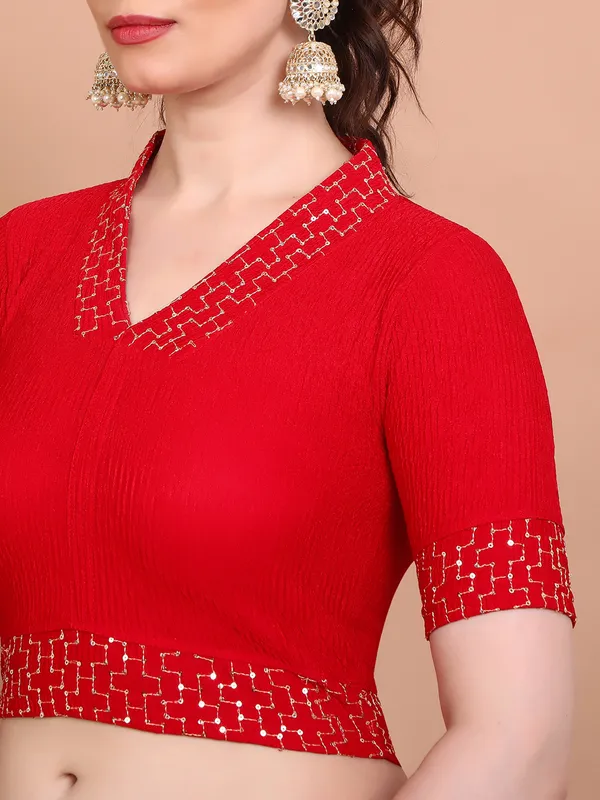 Red lycra strechable V neck ready made blouse