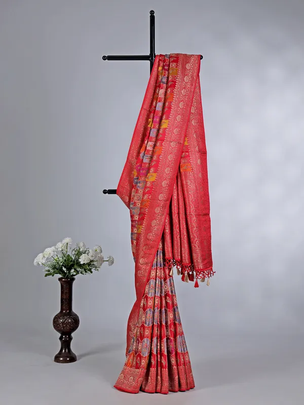 Red modal silk saree with zari work