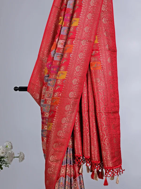 Red modal silk saree with zari work