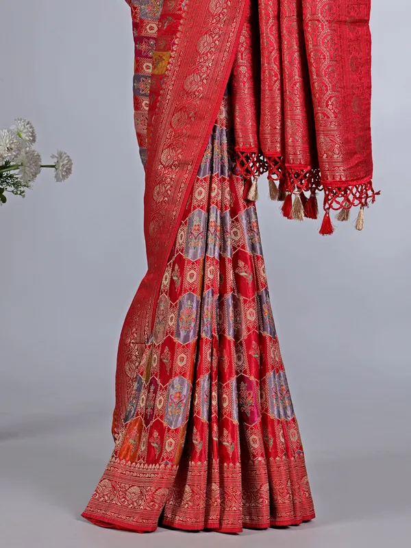 Red modal silk saree with zari work