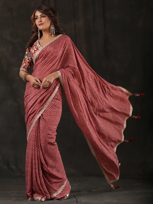 Red modal silk zig zag pattern saree