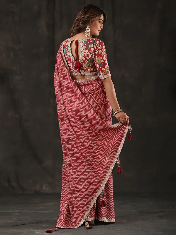 Red modal silk zig zag pattern saree