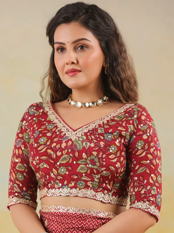 Red muslin printed saree with ready made blouse