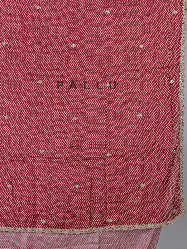 Red muslin silk printed saree with gota accents