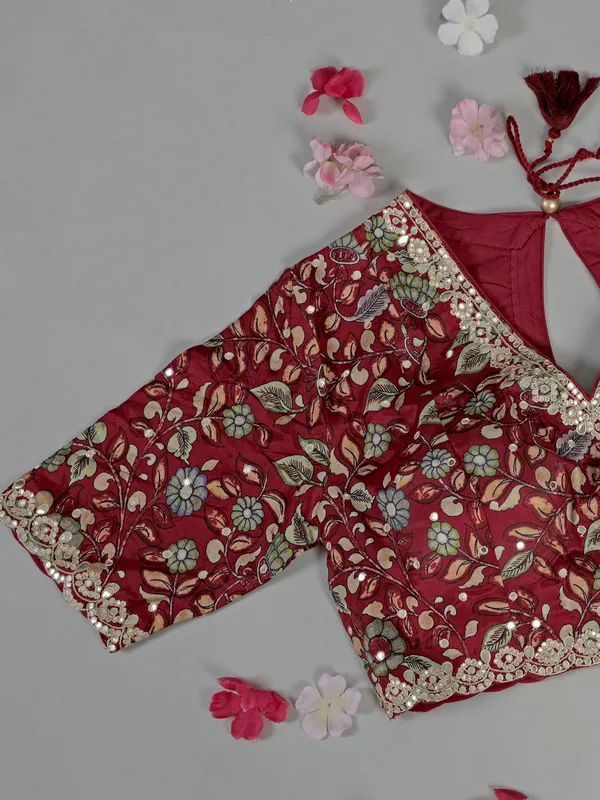 Red muslin silk printed saree with gota accents