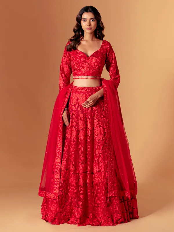Red net embroidered lehenga choli for wedding wear