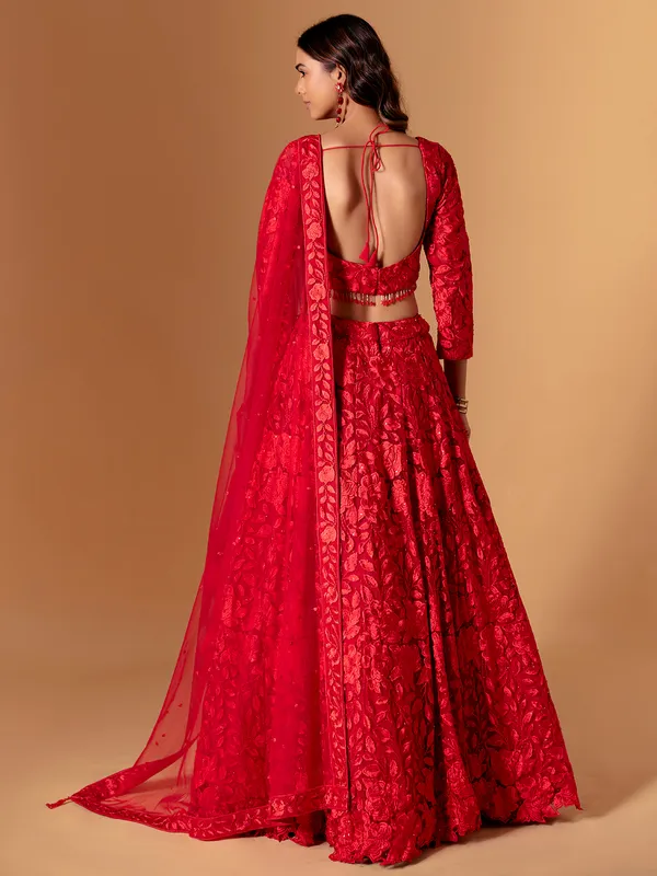 Red net embroidered lehenga choli for wedding wear
