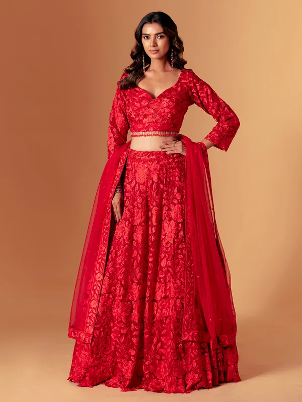Red net embroidered lehenga choli for wedding wear