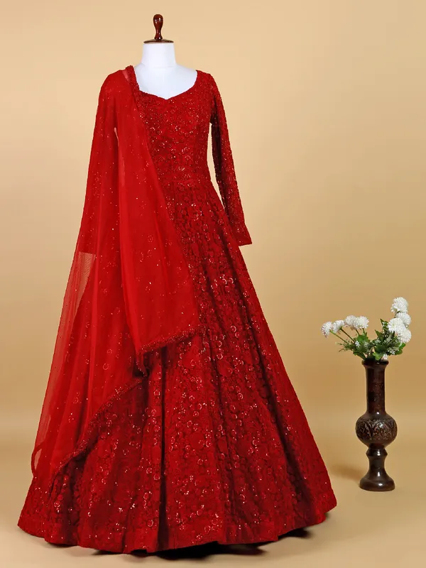 Red net floor length suit