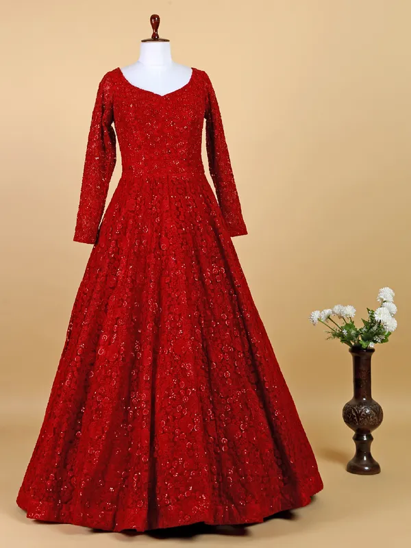 Red net floor length suit