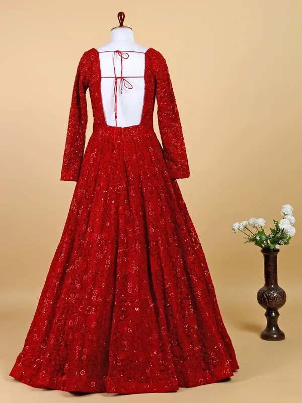 Red net floor length suit
