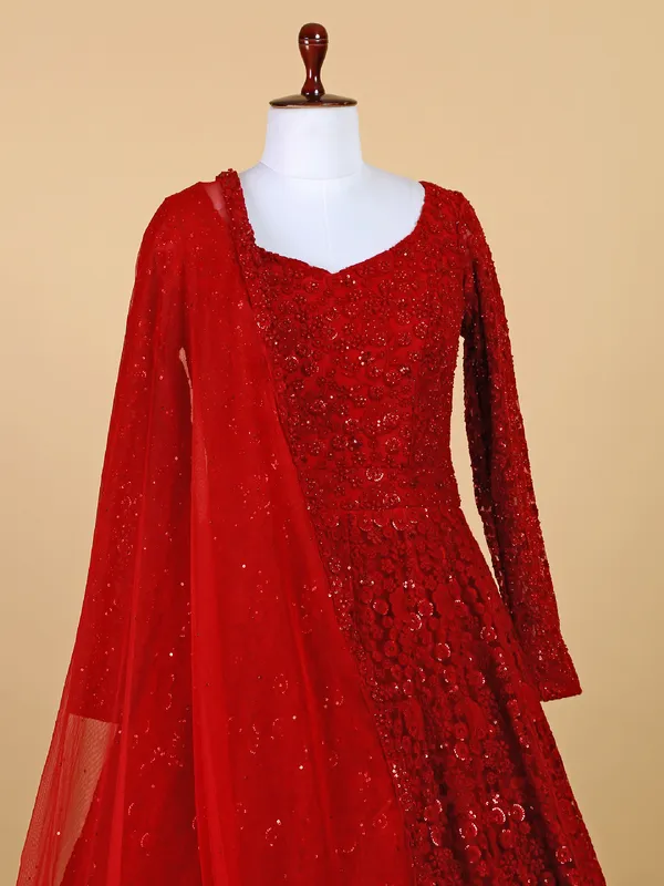 Red net floor length suit