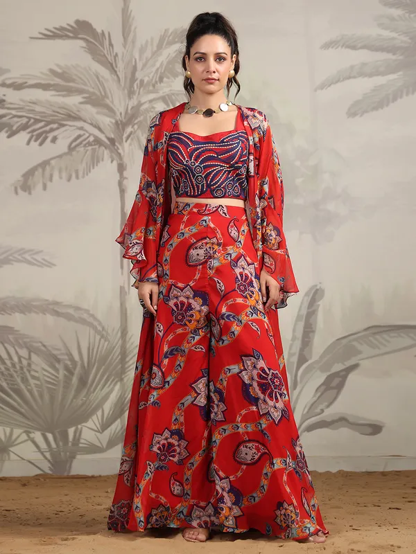 Red organza jacket style co ord set