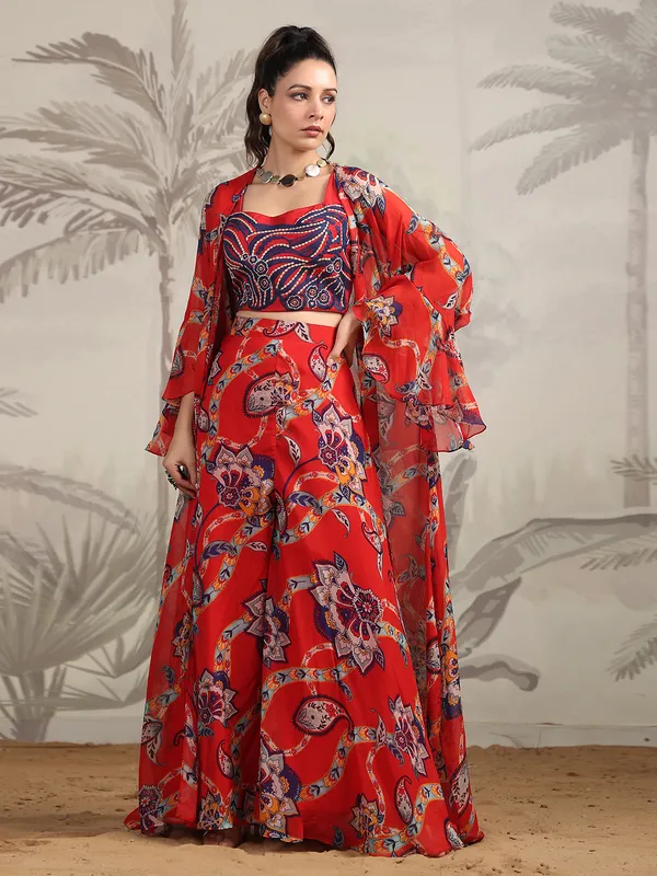 Red organza jacket style co ord set