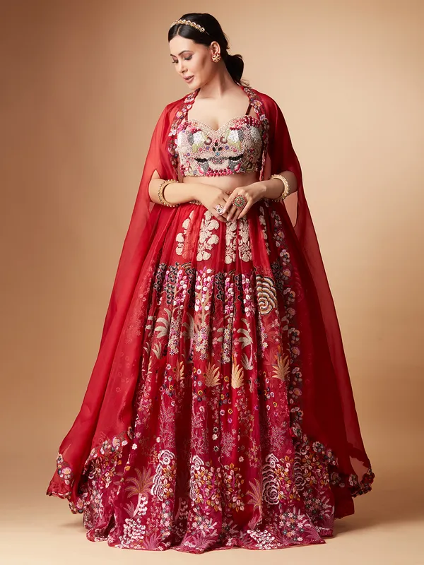 Red organza jacket style lehenga choli