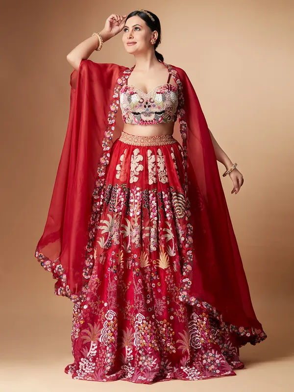 Red organza jacket style lehenga choli