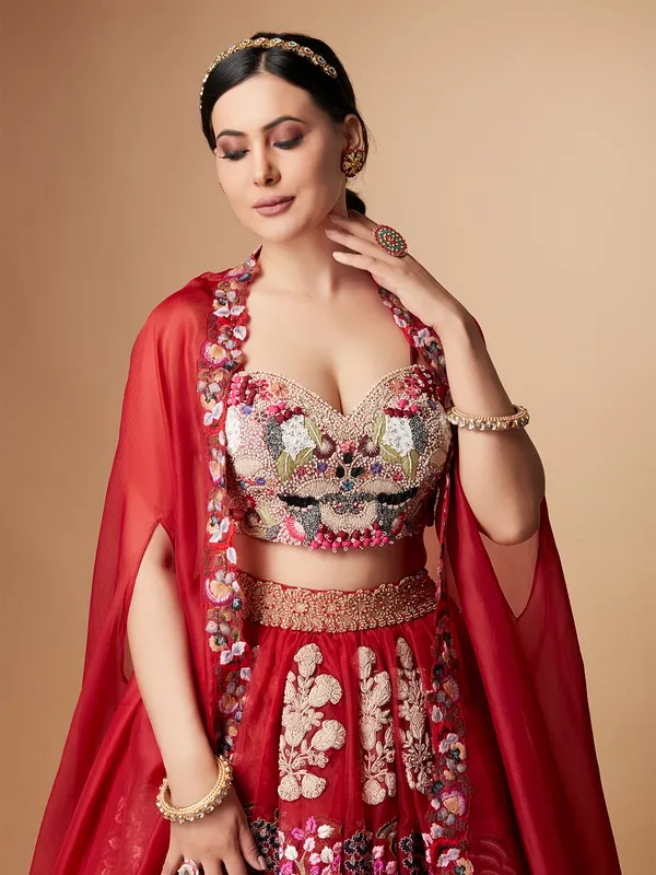 Red organza jacket style lehenga choli