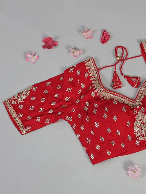 Red organza saree with traditional highlights