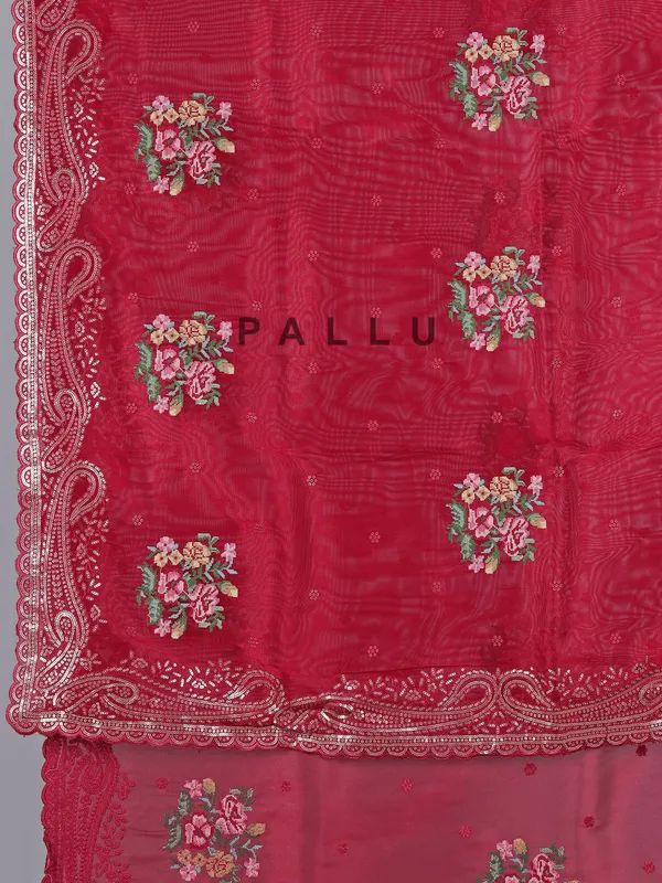 Red organza saree with traditional sequins work