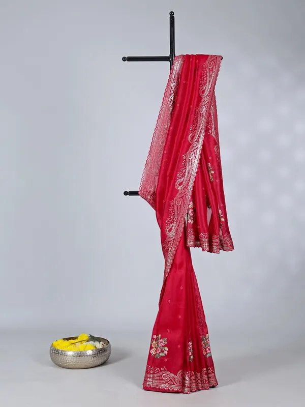 Red organza saree with traditional sequins work