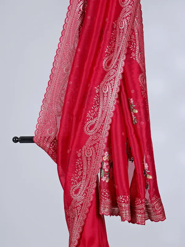 Red organza saree with traditional sequins work