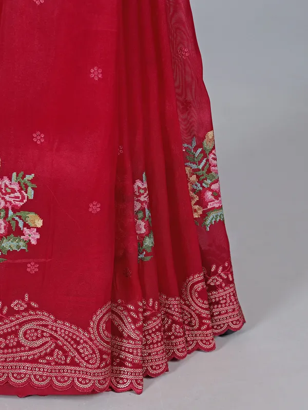 Red organza saree with traditional sequins work