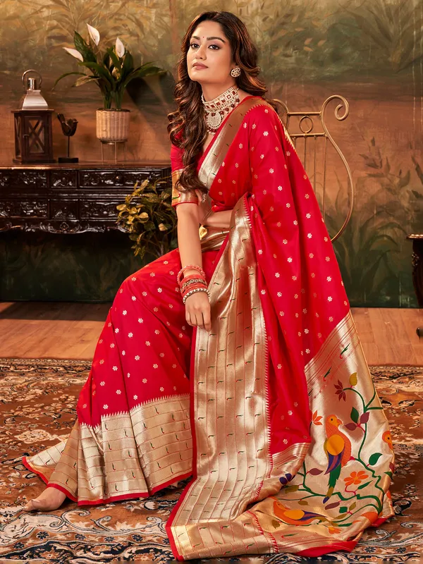 Red paithani silk saree for wedding