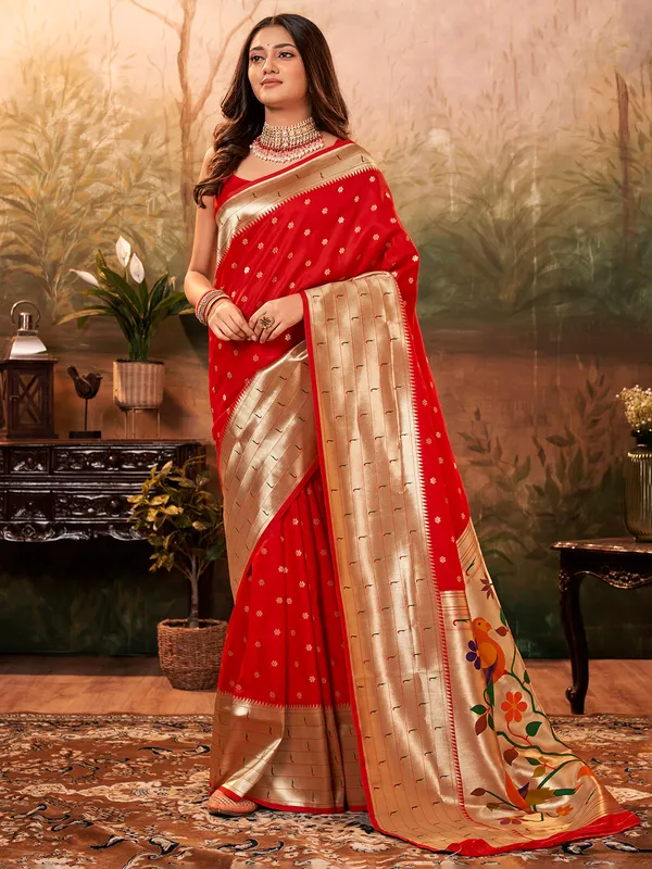 Red paithani silk zari weaving saree
