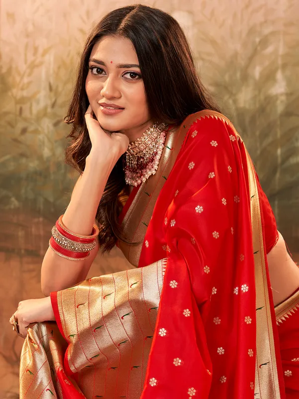 Red paithani silk zari weaving saree