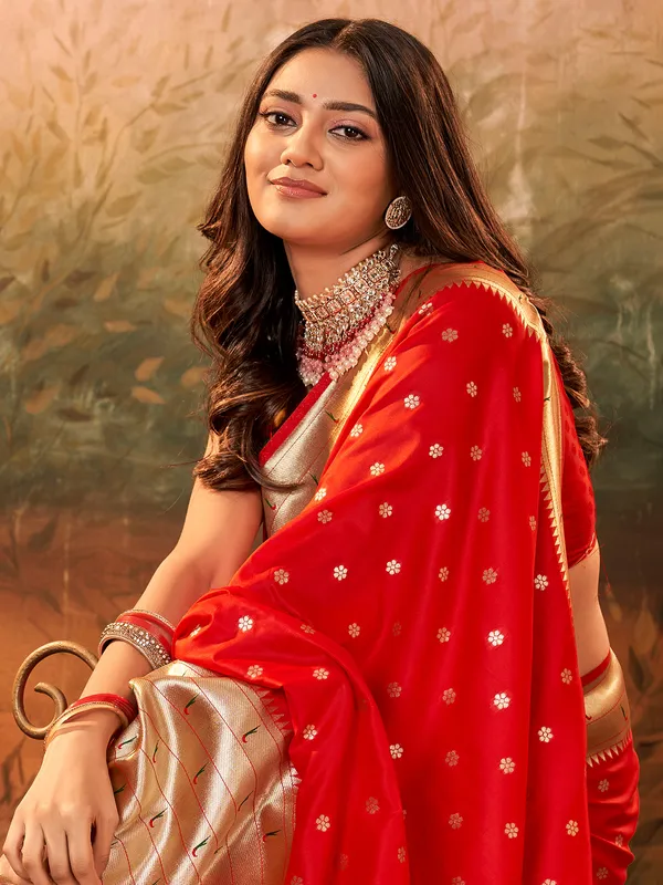 Red paithani silk zari weaving saree