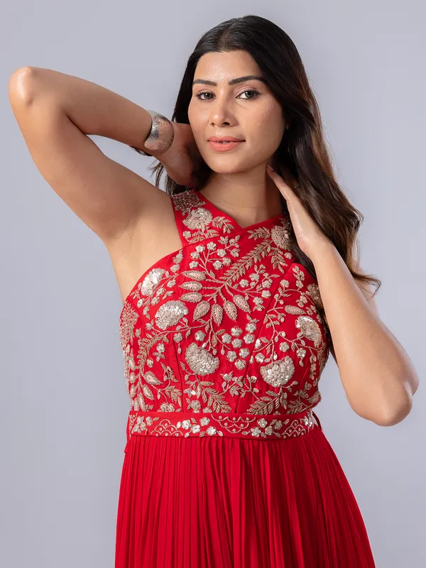 Red palazzo suit in soft georgette
