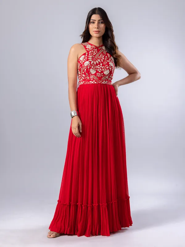 Red palazzo suit in soft georgette