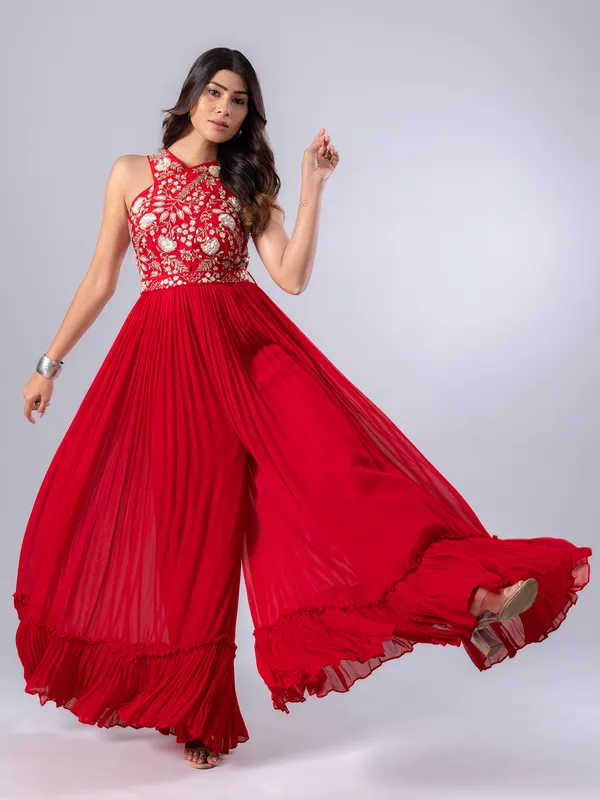 Red palazzo suit in soft georgette