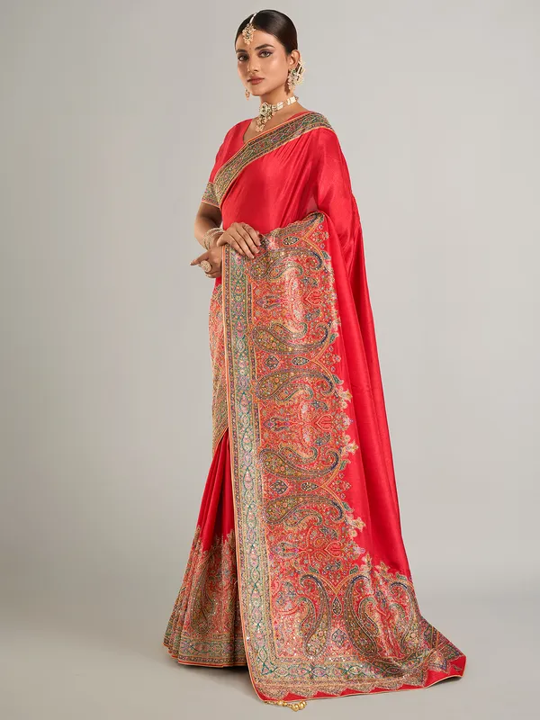 Red pashmina silk wedding wear saree