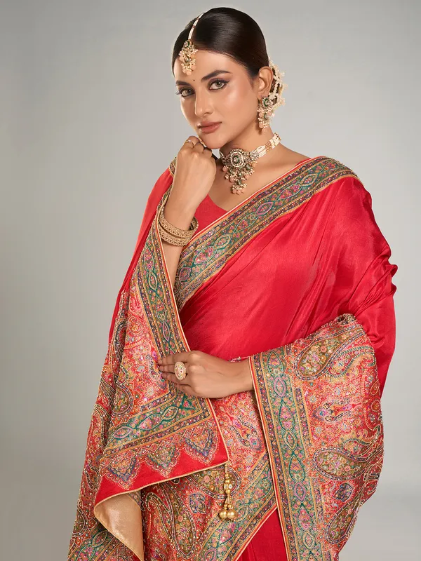 Red pashmina silk wedding wear saree