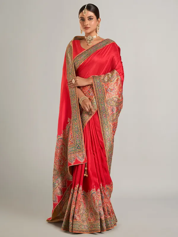 Red pashmina silk wedding wear saree