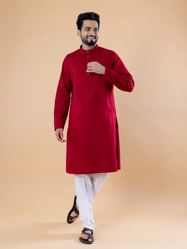 Red plain cotton  Men Kurta pajama for festive