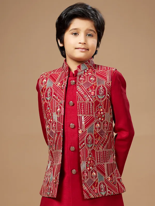 Red premium jacket style waist coat set for boy