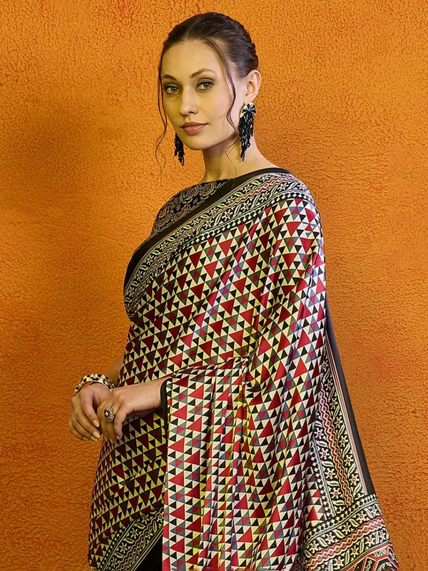 Red printed bhagalpuri silk saree for festive wear