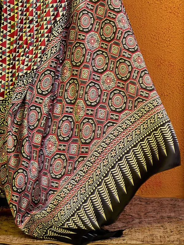Red printed bhagalpuri silk saree for festive wear
